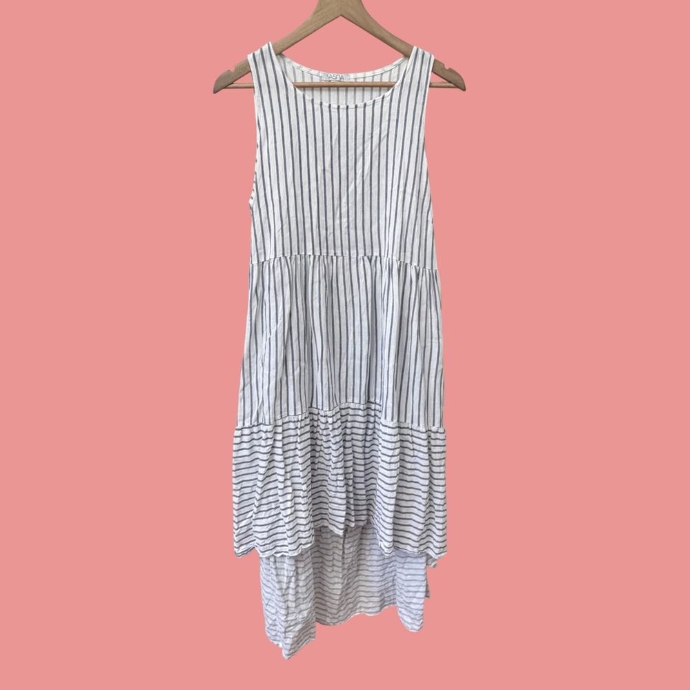 Vasna Linen Striped‎ Tiered High-Low Dress Small White Blue Sleeveless Italy